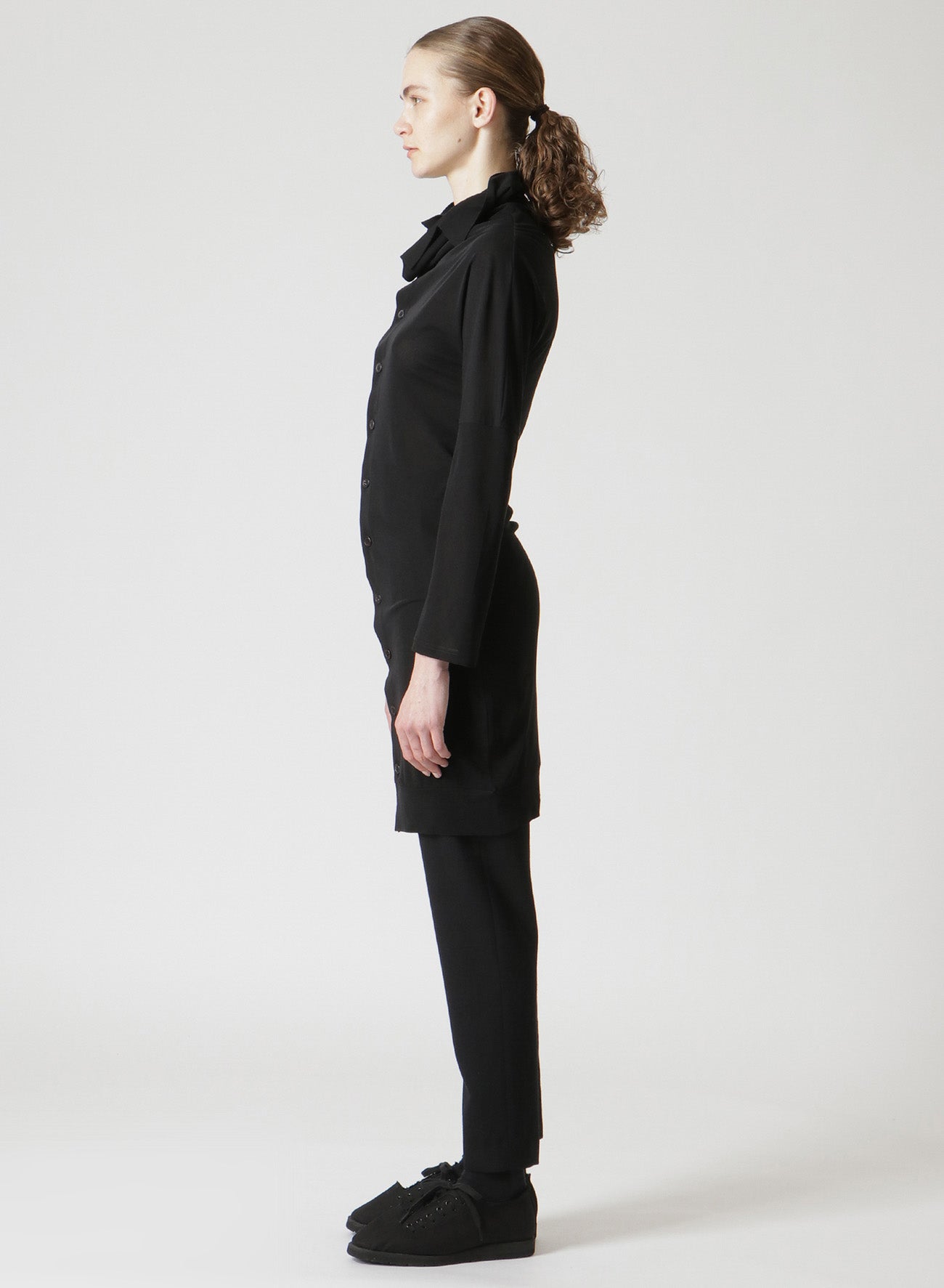COSMORAMA COTTON DRAPED LONG SLEEVE BUTTON-UP TURTLENECK TOP