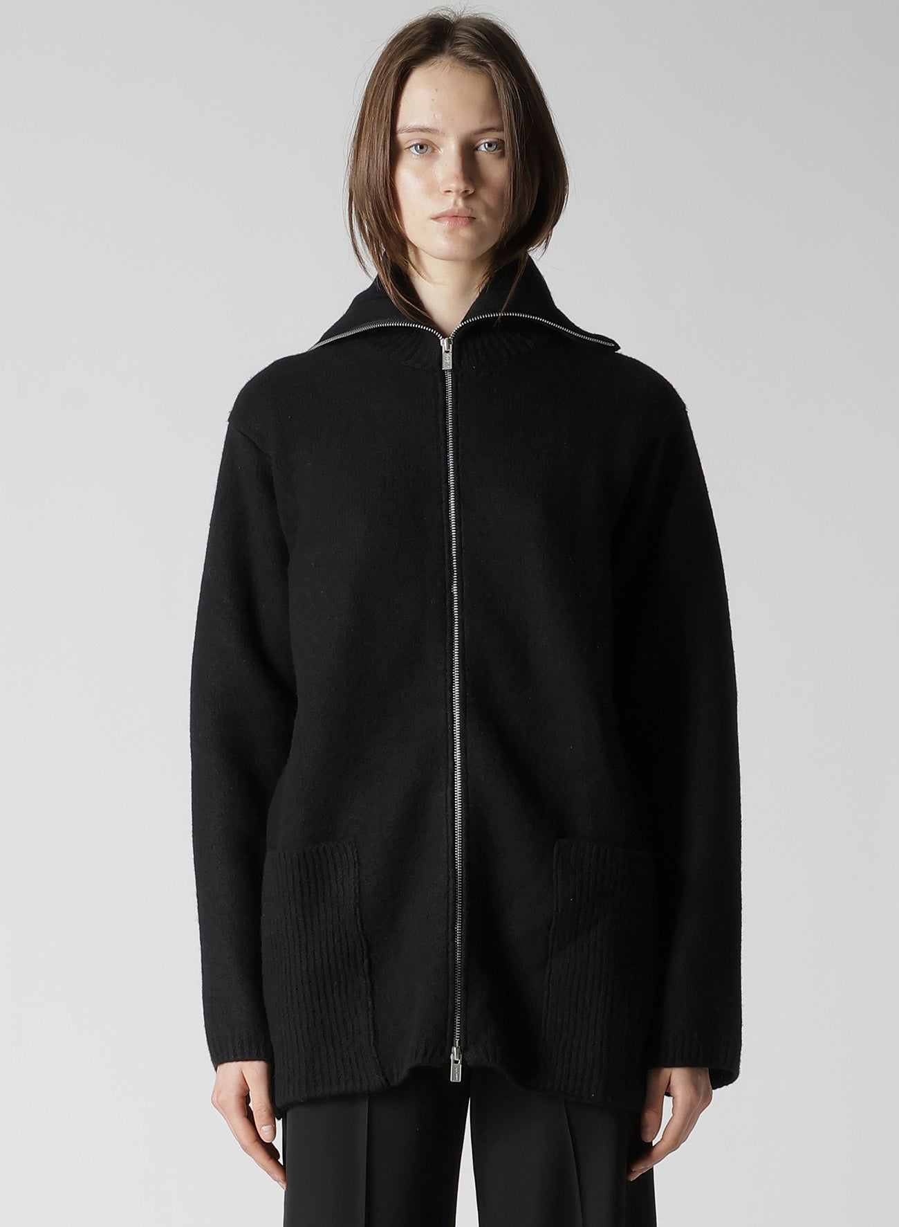 5G3P PLAIN STITCH 1x1 RIB BIG HIGH NECK ZIP CARDIGAN