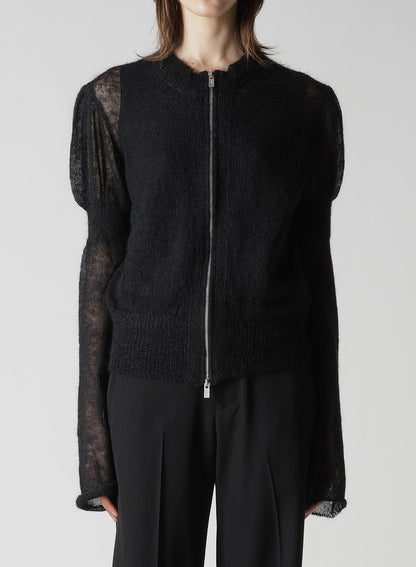 PLAIN STITCH RIB PUFFED SLEEVES CARDIGAN