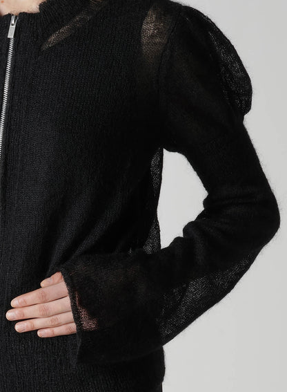 PLAIN STITCH RIB PUFFED SLEEVES CARDIGAN