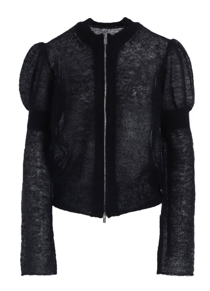 PLAIN STITCH RIB PUFFED SLEEVES CARDIGAN