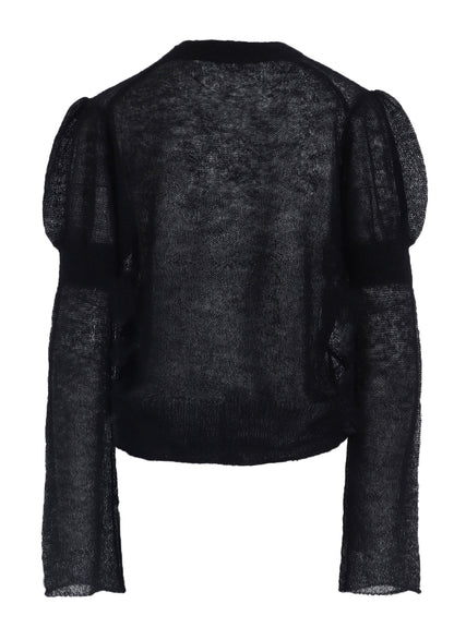 PLAIN STITCH RIB PUFFED SLEEVES CARDIGAN