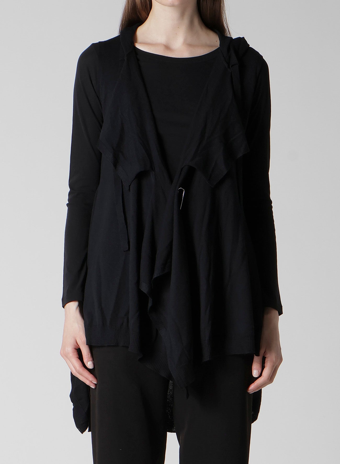 PLAIN STITCH+RIB DRAPED HOODIE VEST