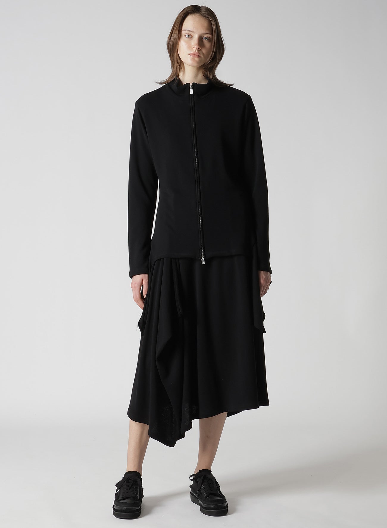 HIGH TWISTED GAUZE TERRY SIDE DRAPED ZIP CARDIGAN