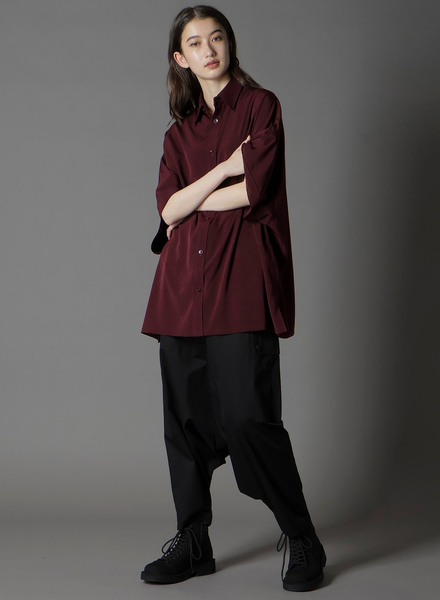 CREPE DE CHINE FRONT DOLMAN BIG SHORT SLEEVED SHIRT