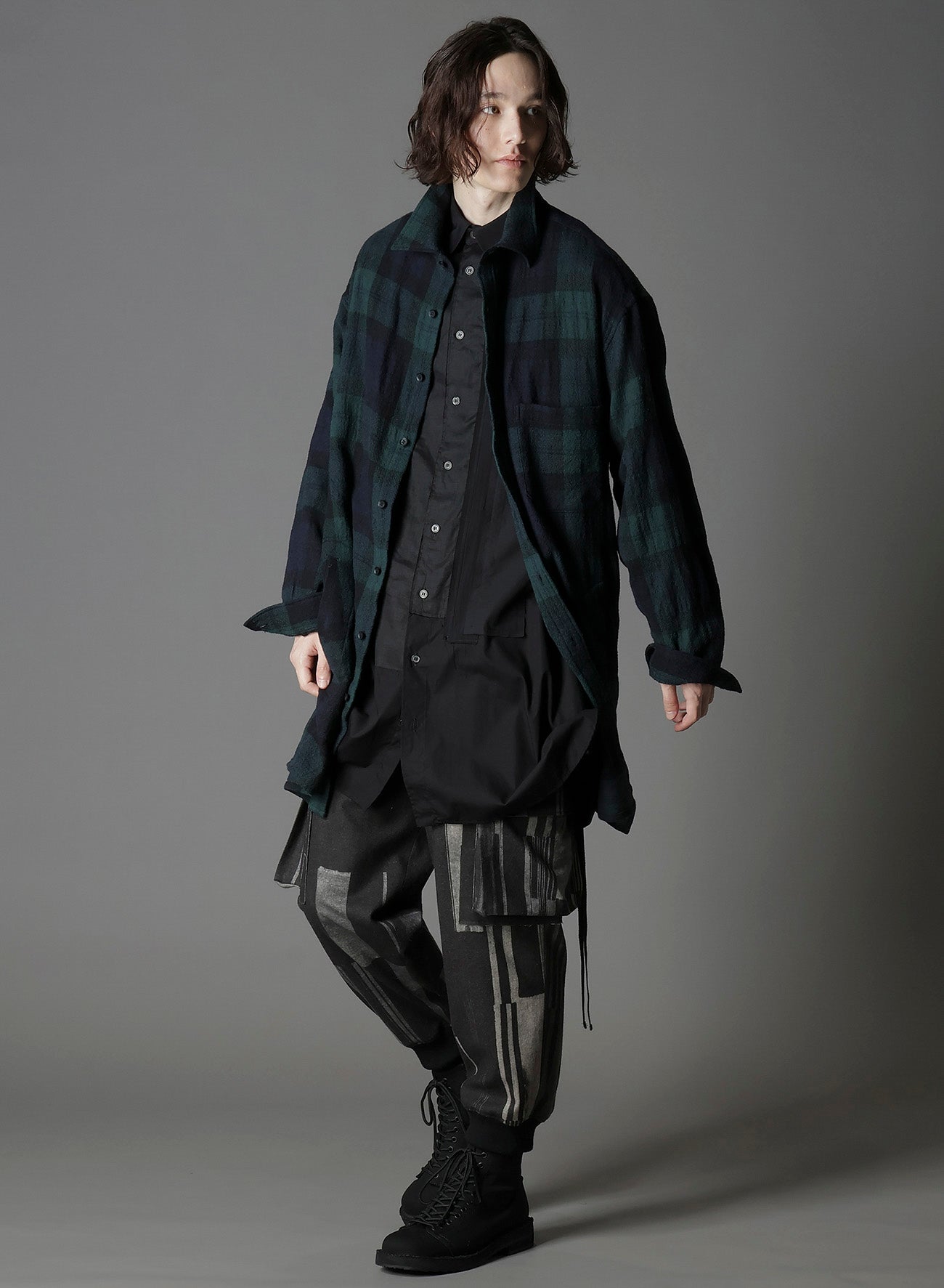 BIG REFINE PLAID LONG SHIRT W/WAIST POCKET