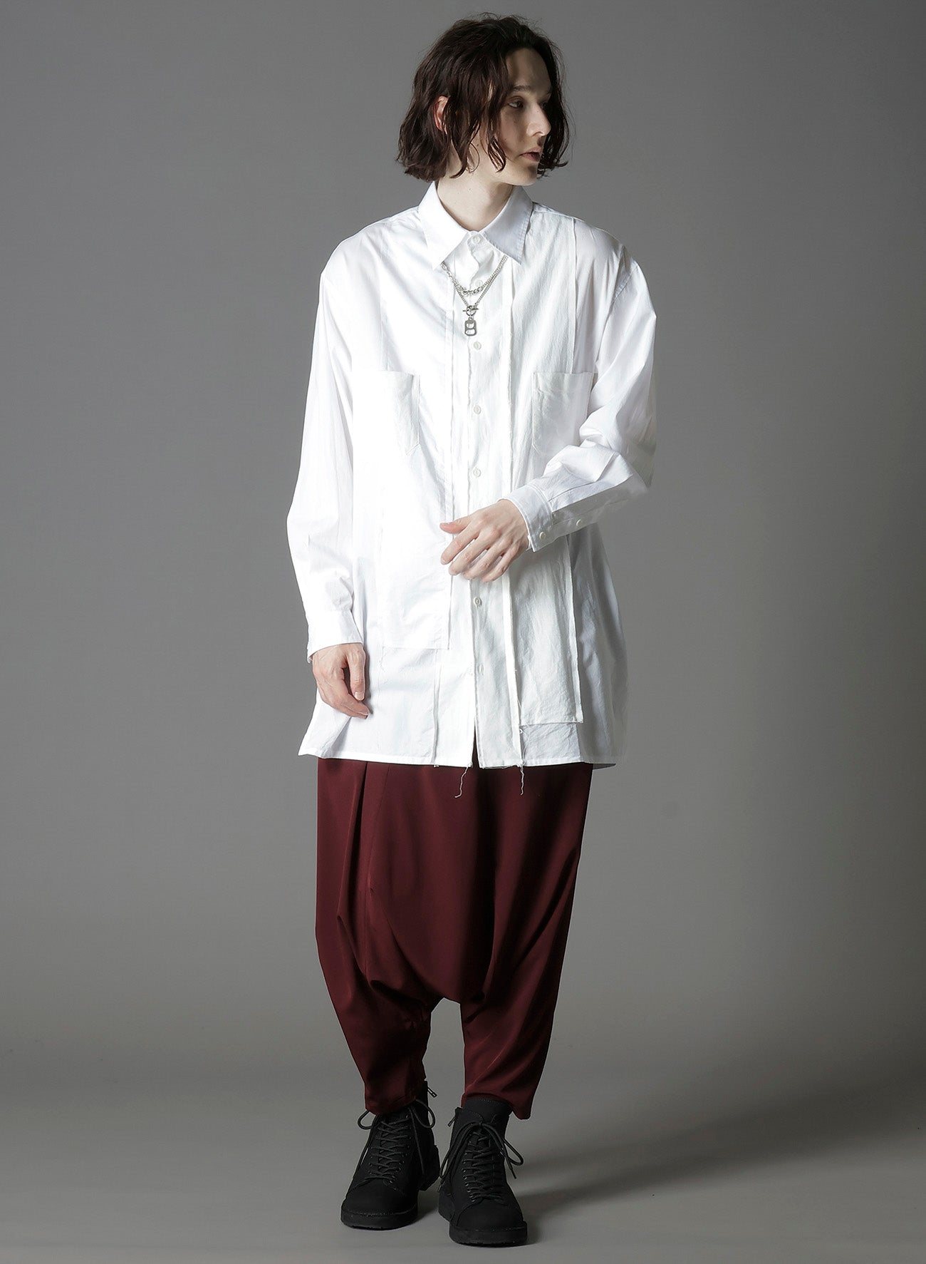 SWITCHING MATERIAL PATCHWORK WHITE SHIRT