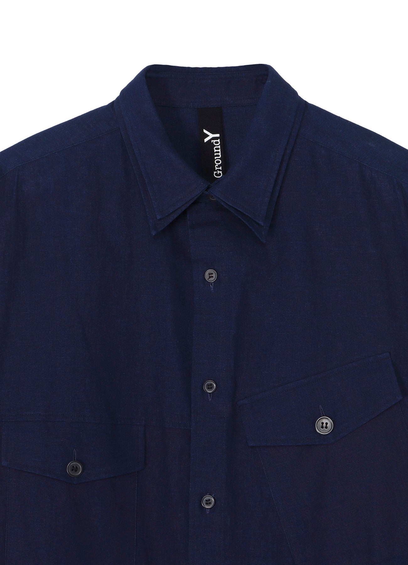 INDIGO DYED COTTON LINEN SHEETING DOUBLE COLLAR SLANTED POCKET SHIRT