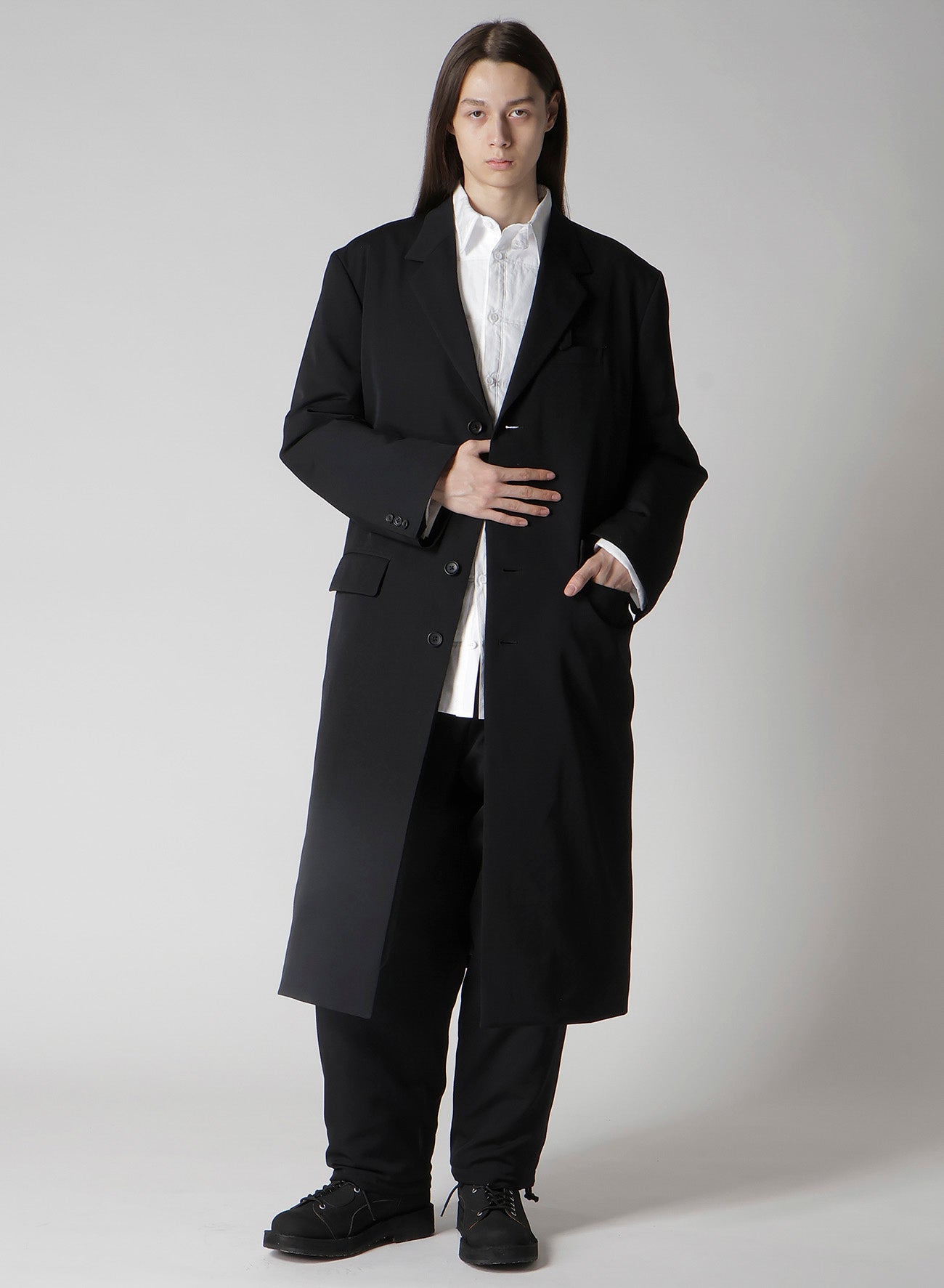 WOOL GABARDINE 4 BUTTONS LONG JACKET WITH LINER