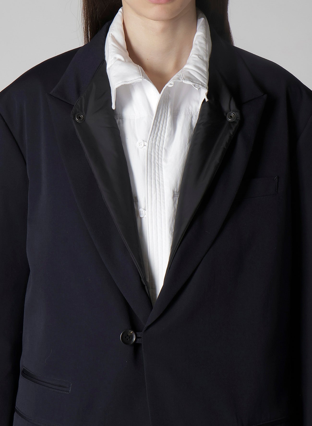 NAVY WOOL GABARDINE ONE BUTTON JACKET WITH LINER