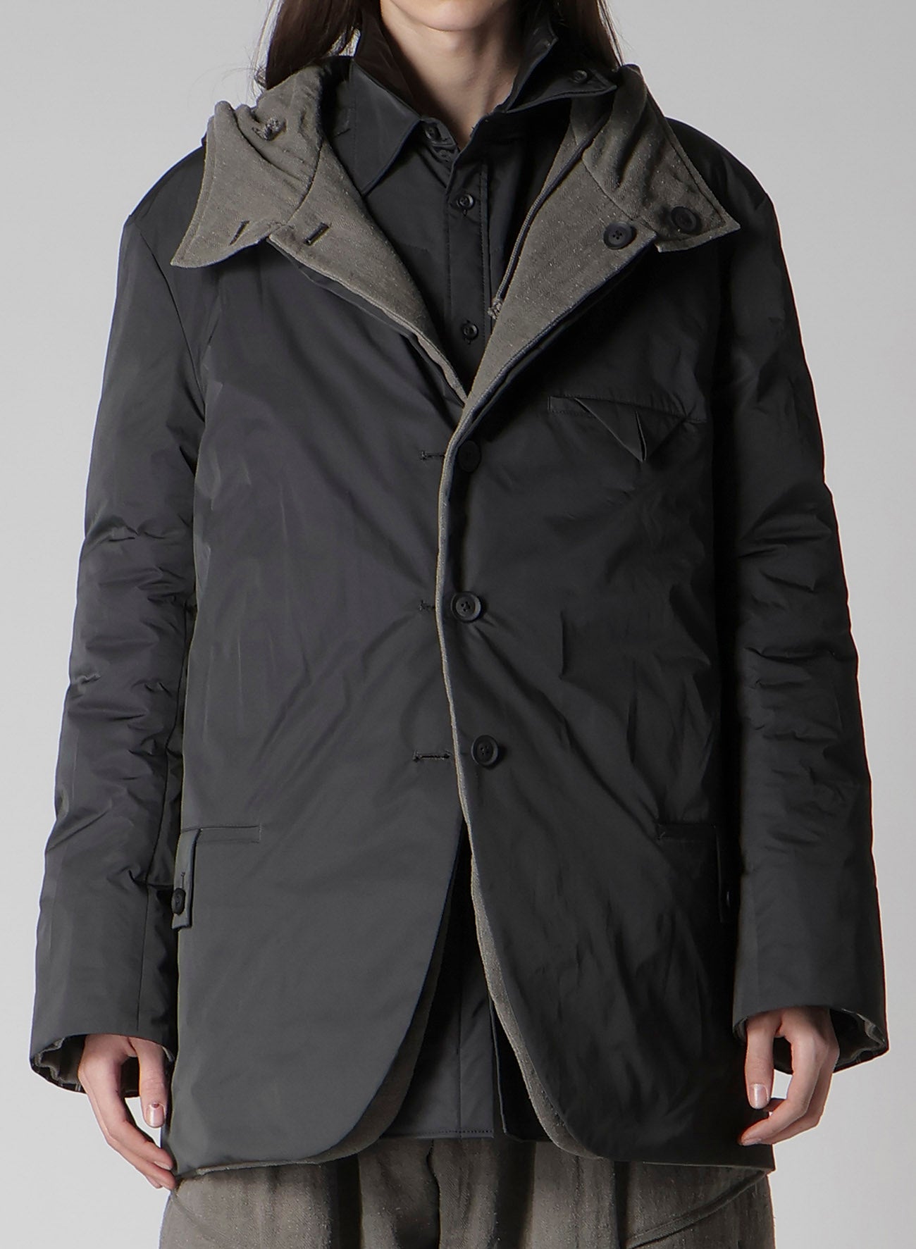 SILK LINEN DIAGONAL PADDED HOODED JACKET