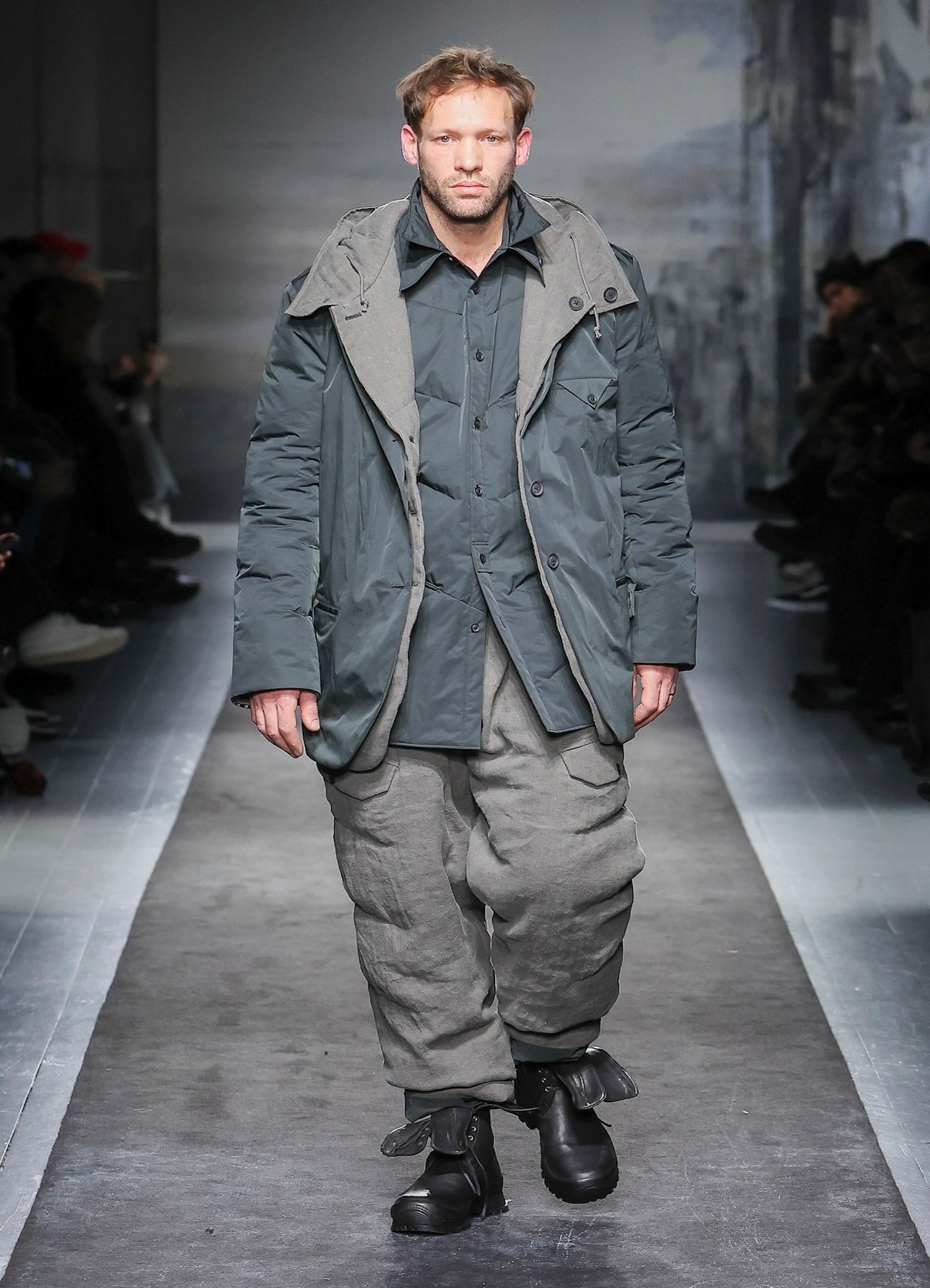 SILK LINEN DIAGONAL PADDED HOODED JACKET