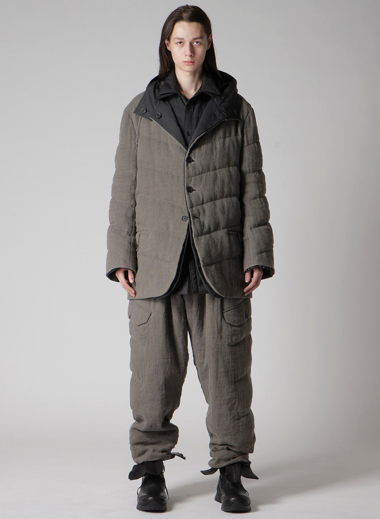 SILK LINEN DIAGONAL PADDED HOODED JACKET