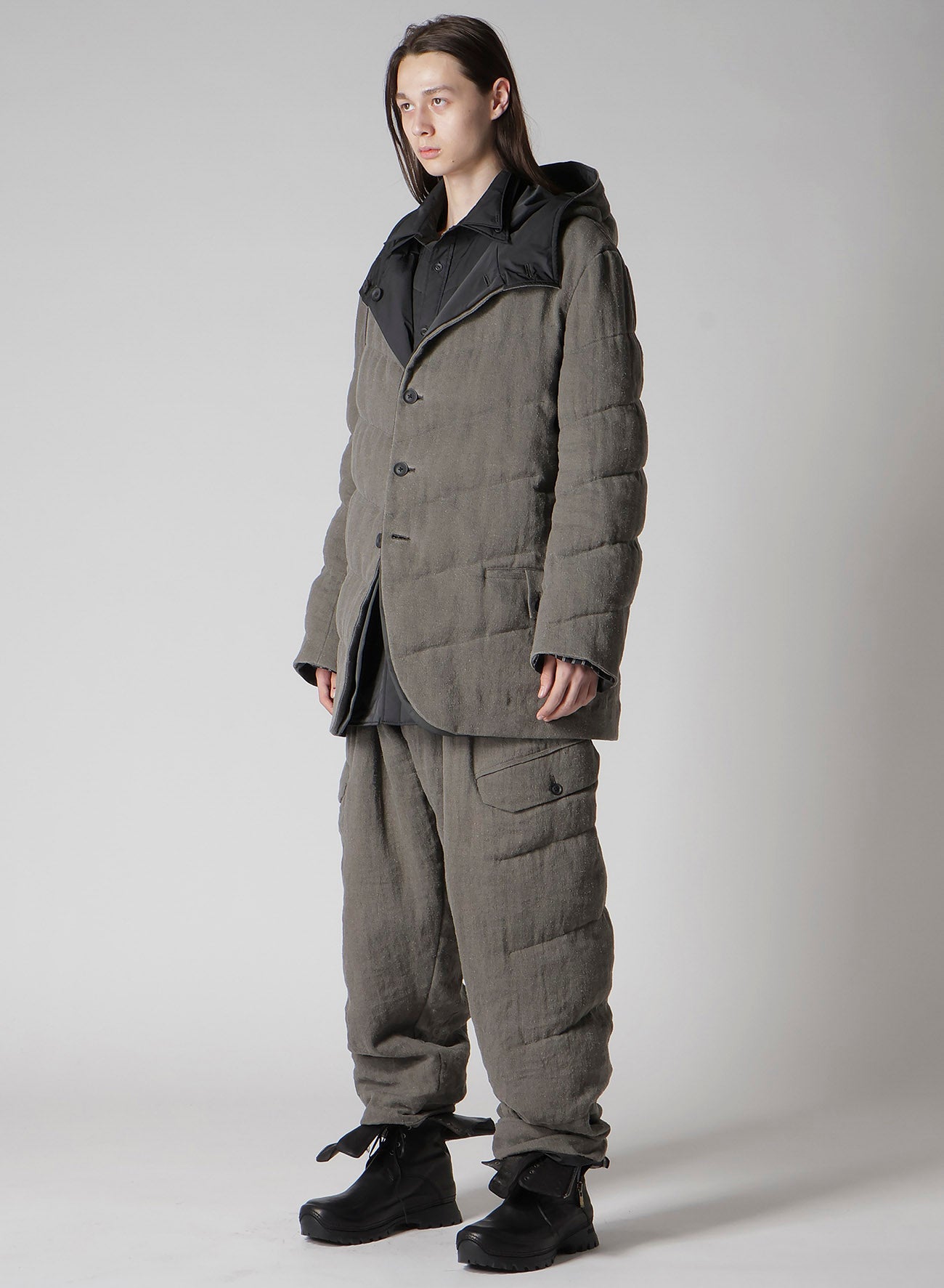 SILK LINEN DIAGONAL PADDED HOODED JACKET