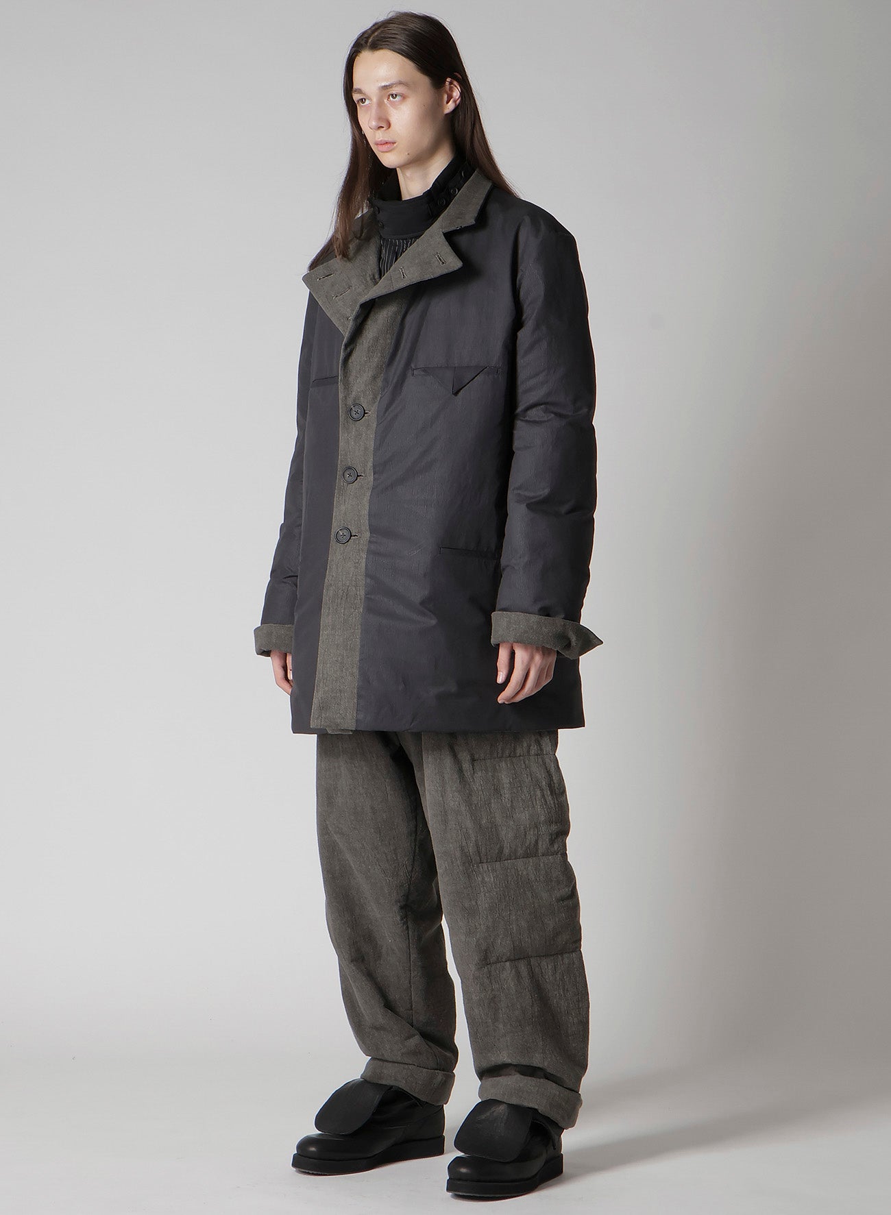 COTTON LINEN INKED HORIZONTAL PADDED LONG JACKET