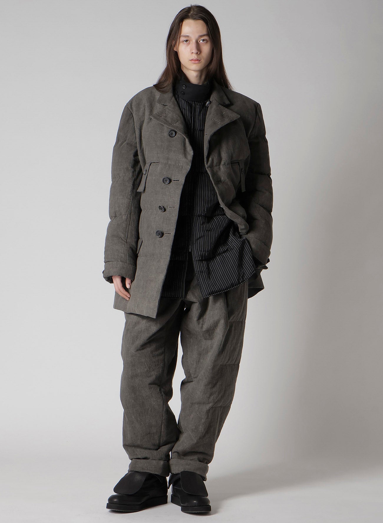 COTTON LINEN INKED HORIZONTAL PADDED LONG JACKET