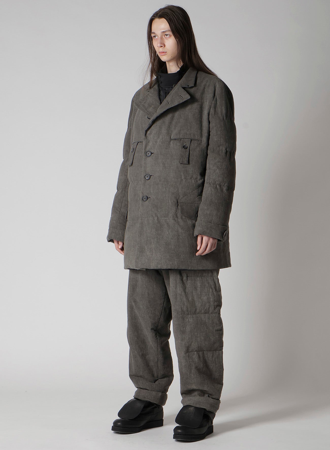COTTON LINEN INKED HORIZONTAL PADDED LONG JACKET