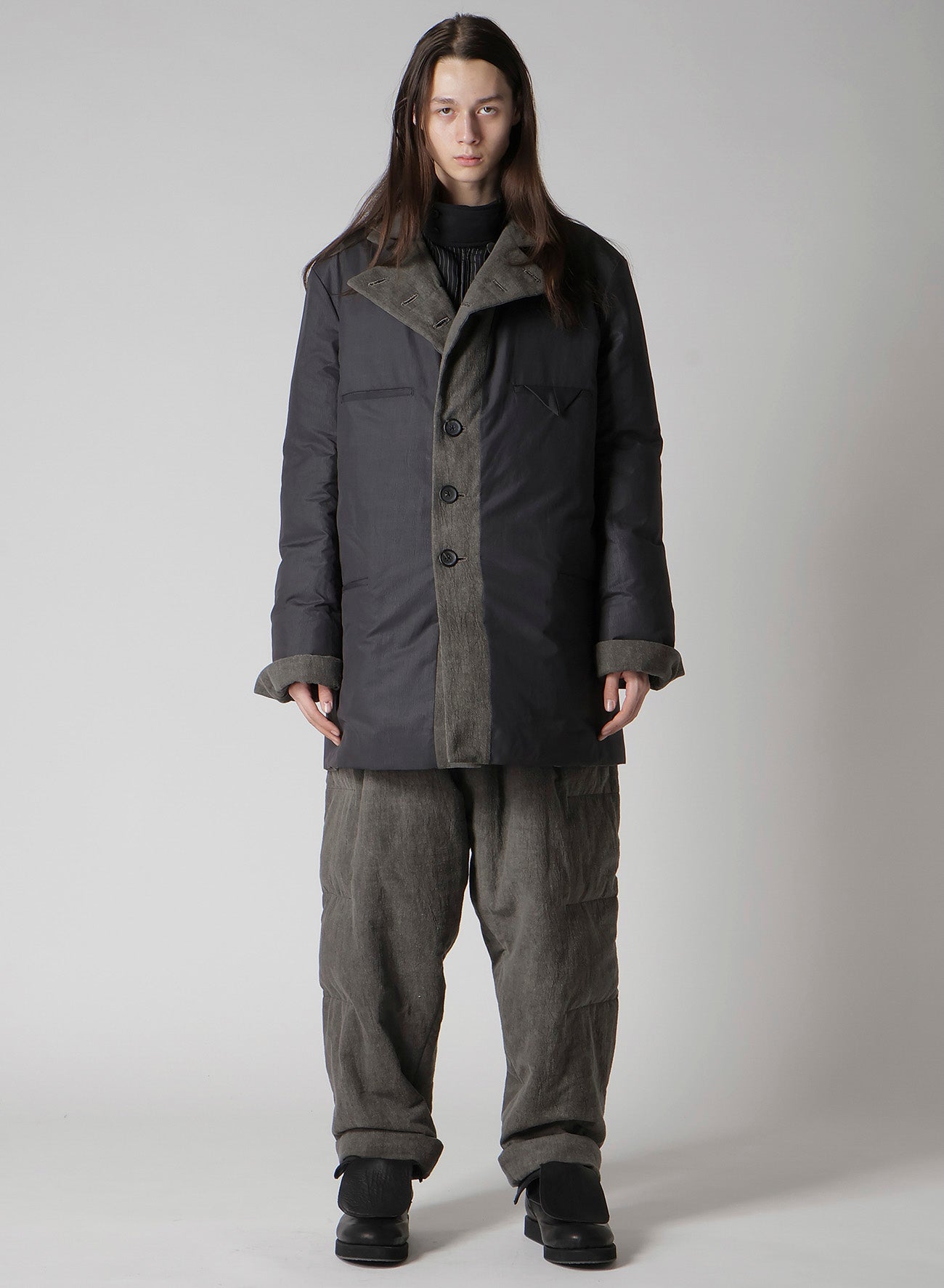 COTTON LINEN INKED HORIZONTAL PADDED LONG JACKET