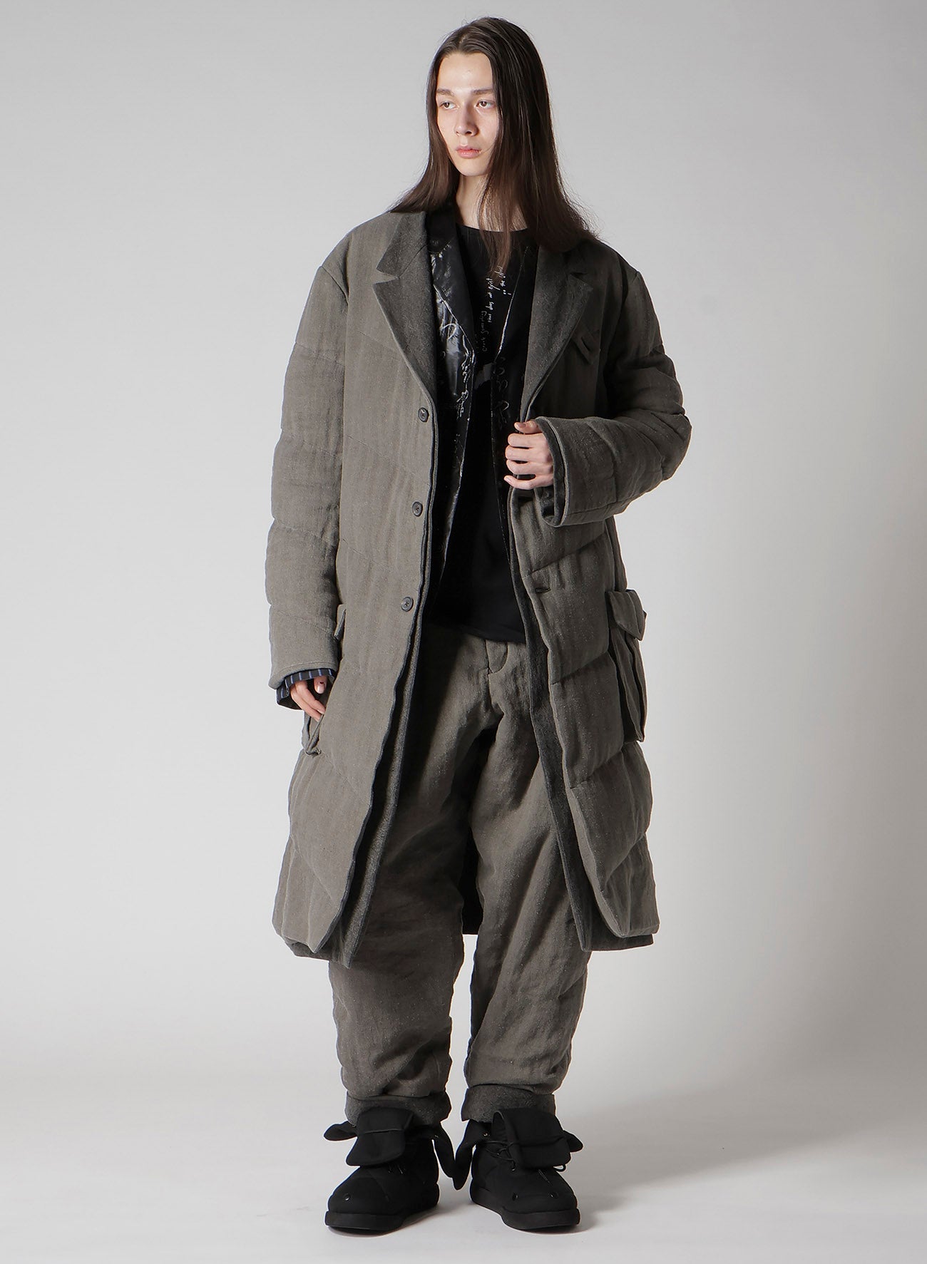 SILK LINEN 3BUTTONS DIAGONAL PADDED LONG JACKET