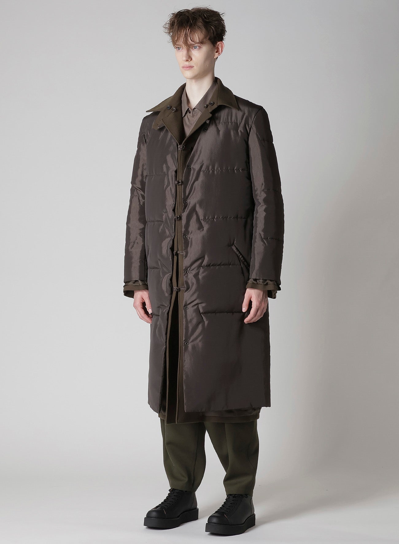 FLANNEL KHAKI BELTED LONG JACKET WITH LINER