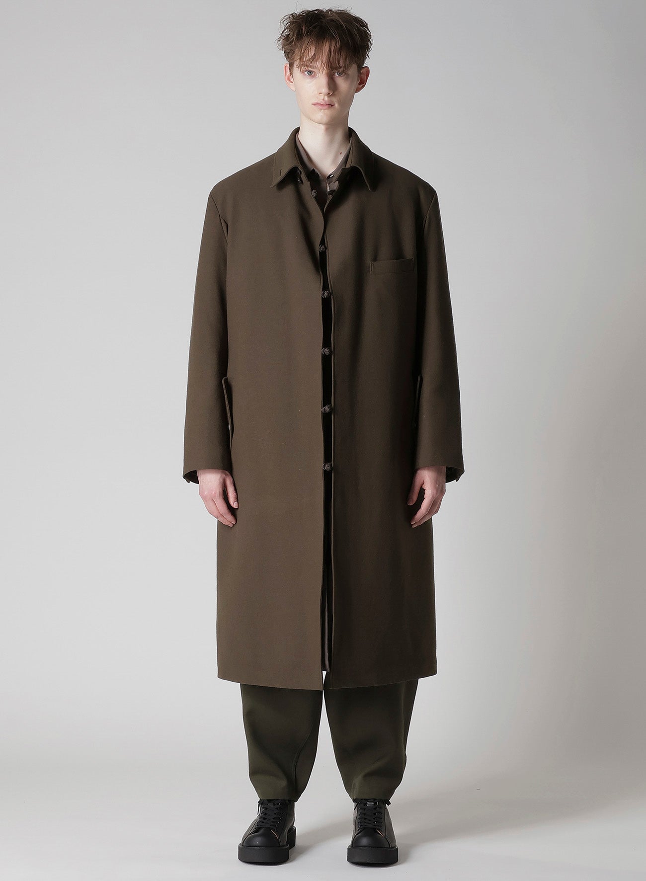 FLANNEL KHAKI BELTED LONG JACKET WITH LINER