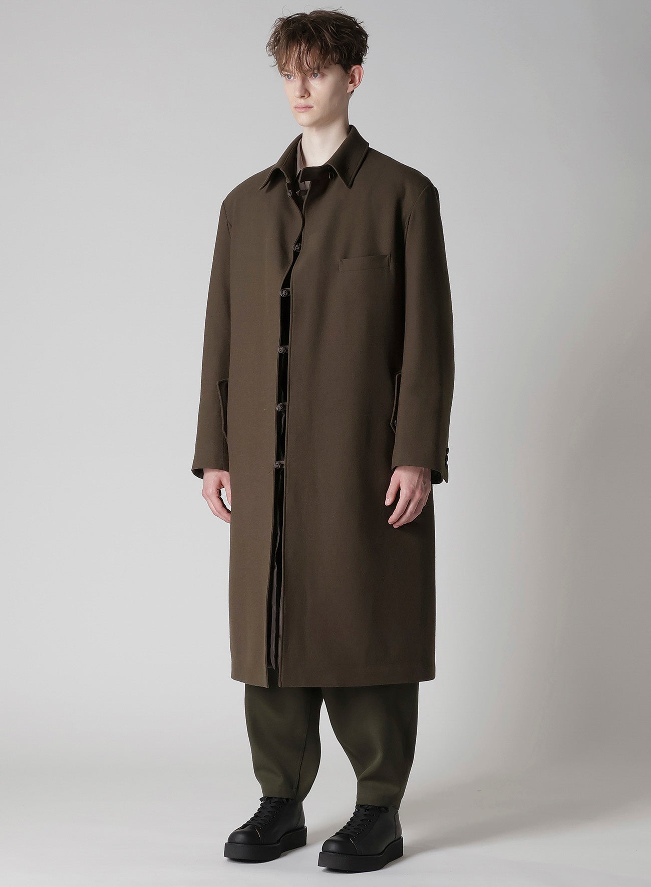 FLANNEL KHAKI BELTED LONG JACKET WITH LINER