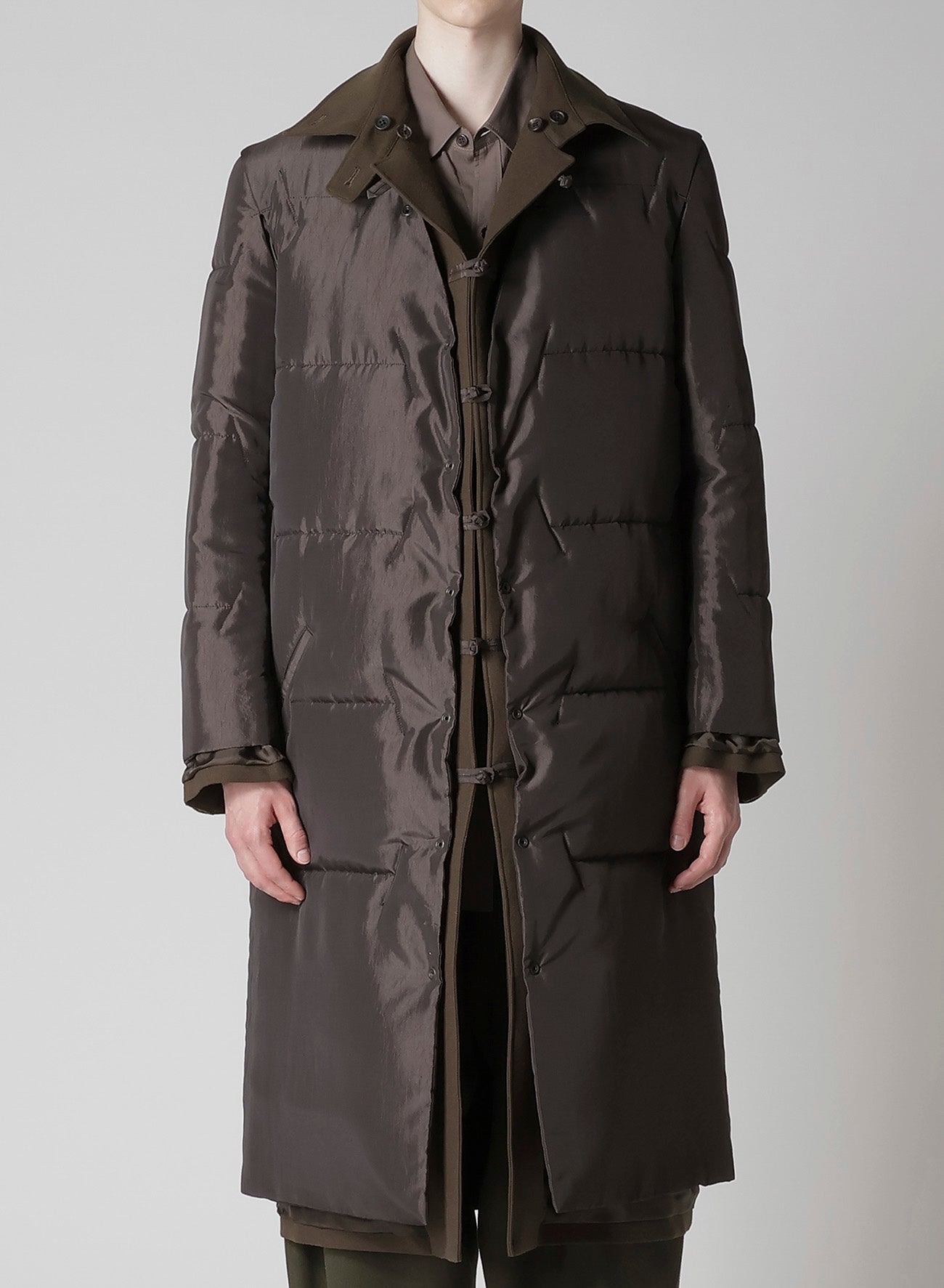 FLANNEL KHAKI BELTED LONG JACKET WITH LINER