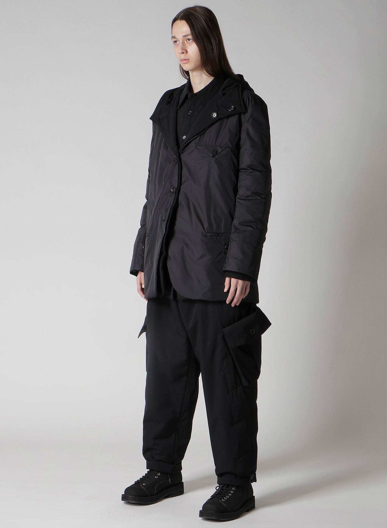 WOOL GABARDINE DIAGONAL PADDED HOODED JACKET