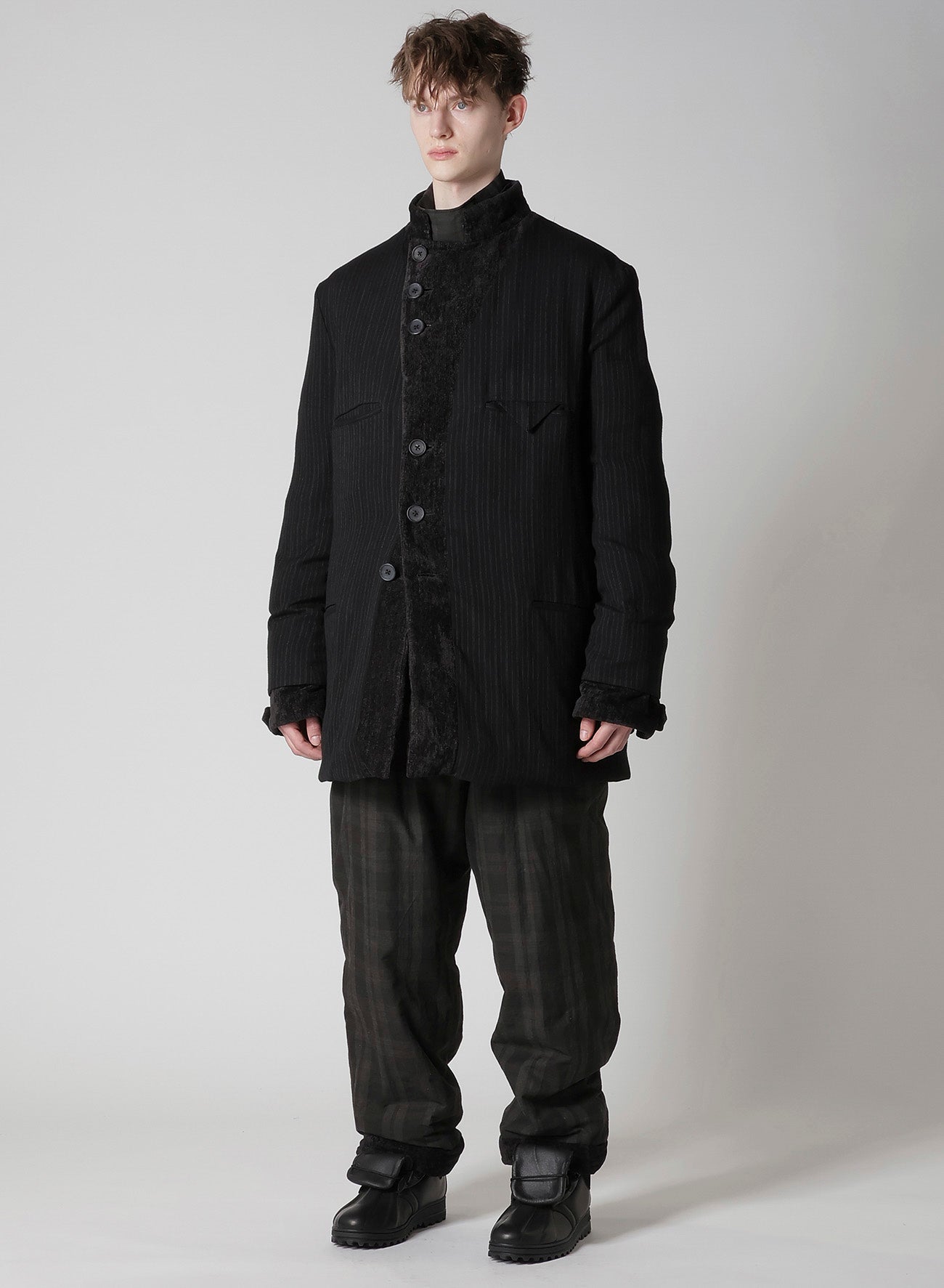 LINEN VELVET HORIZONTAL PADDED LONG JACKET