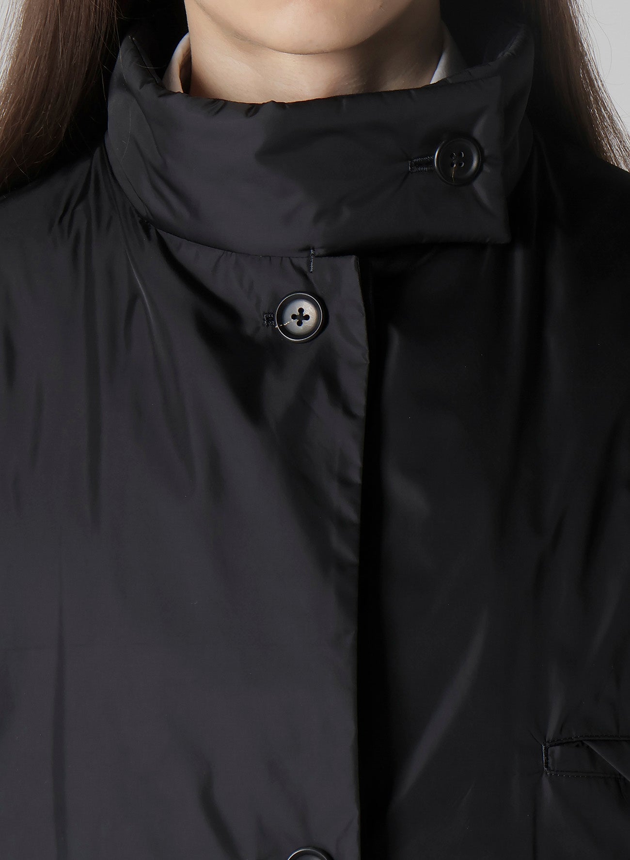 NAVY WOOL GABARDINE HORIZONTAL PADDED STAND JACKET