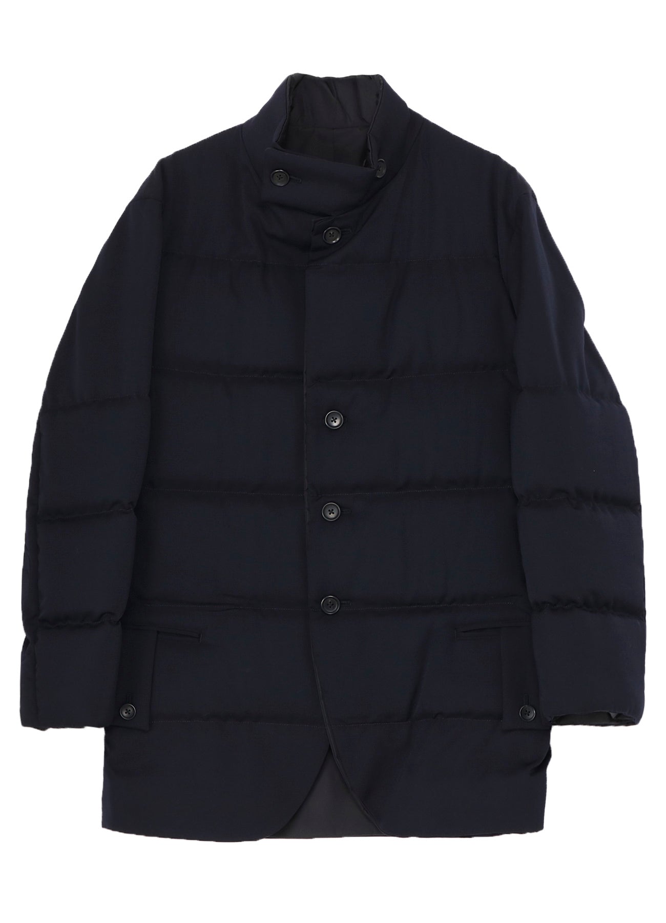 NAVY WOOL GABARDINE HORIZONTAL PADDED STAND JACKET