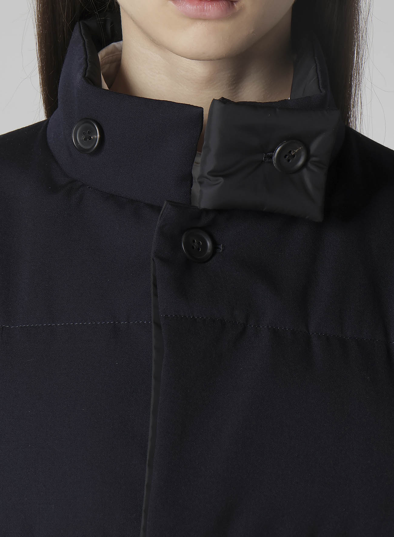 NAVY WOOL GABARDINE HORIZONTAL PADDED STAND JACKET