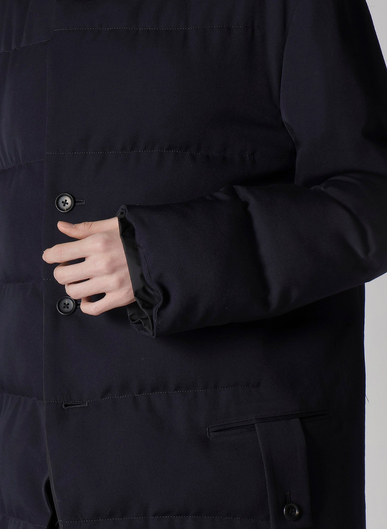 NAVY WOOL GABARDINE HORIZONTAL PADDED STAND JACKET