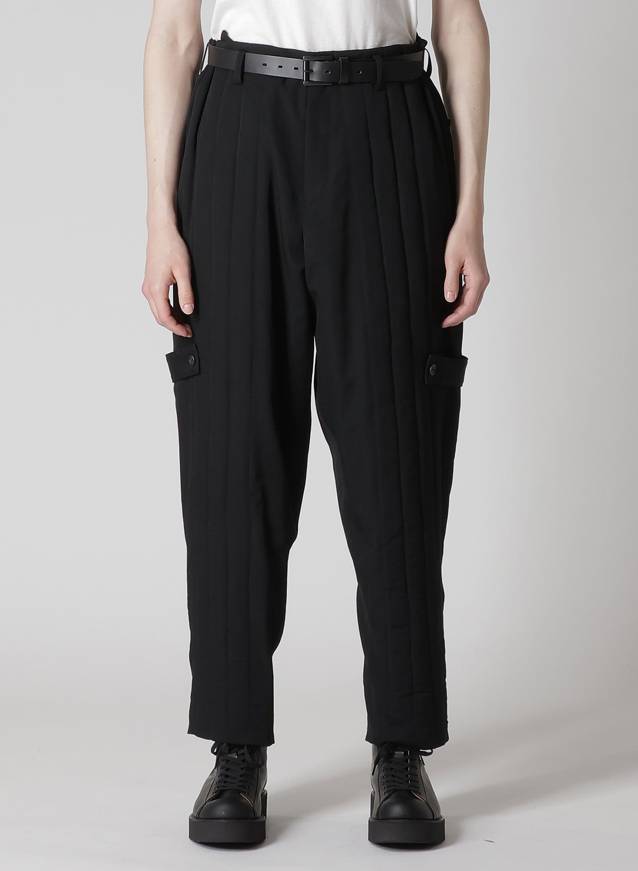 WOOL GABARDINE TAB DETAIL PADDED PANTS