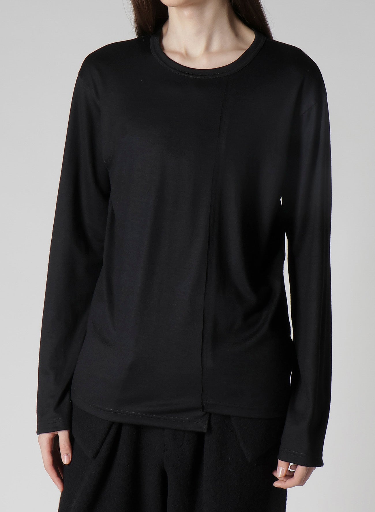 WOOL SINGLE JERSEY PANELED ROUND NECK LONG SLV T