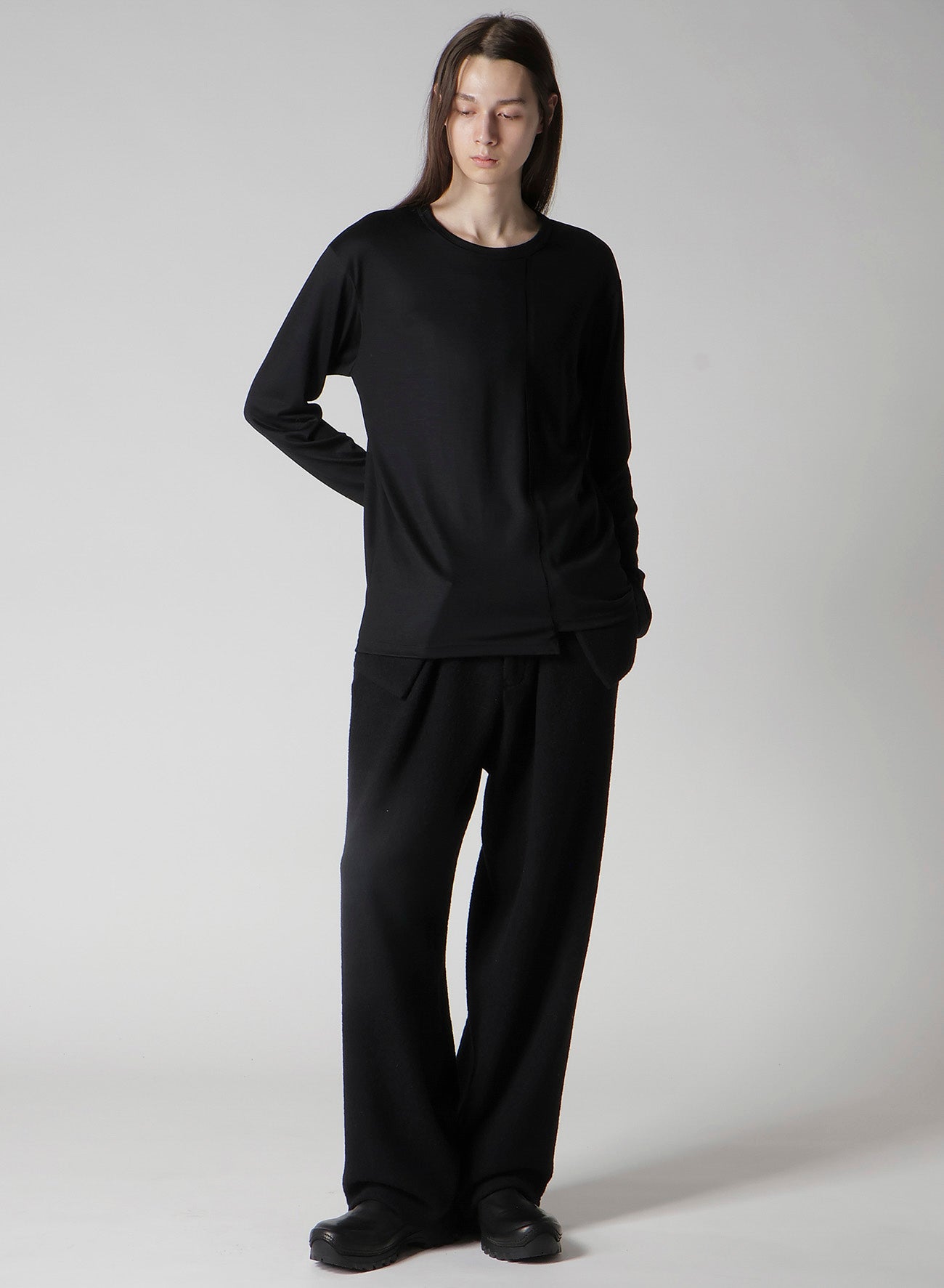 WOOL SINGLE JERSEY PANELED ROUND NECK LONG SLV T