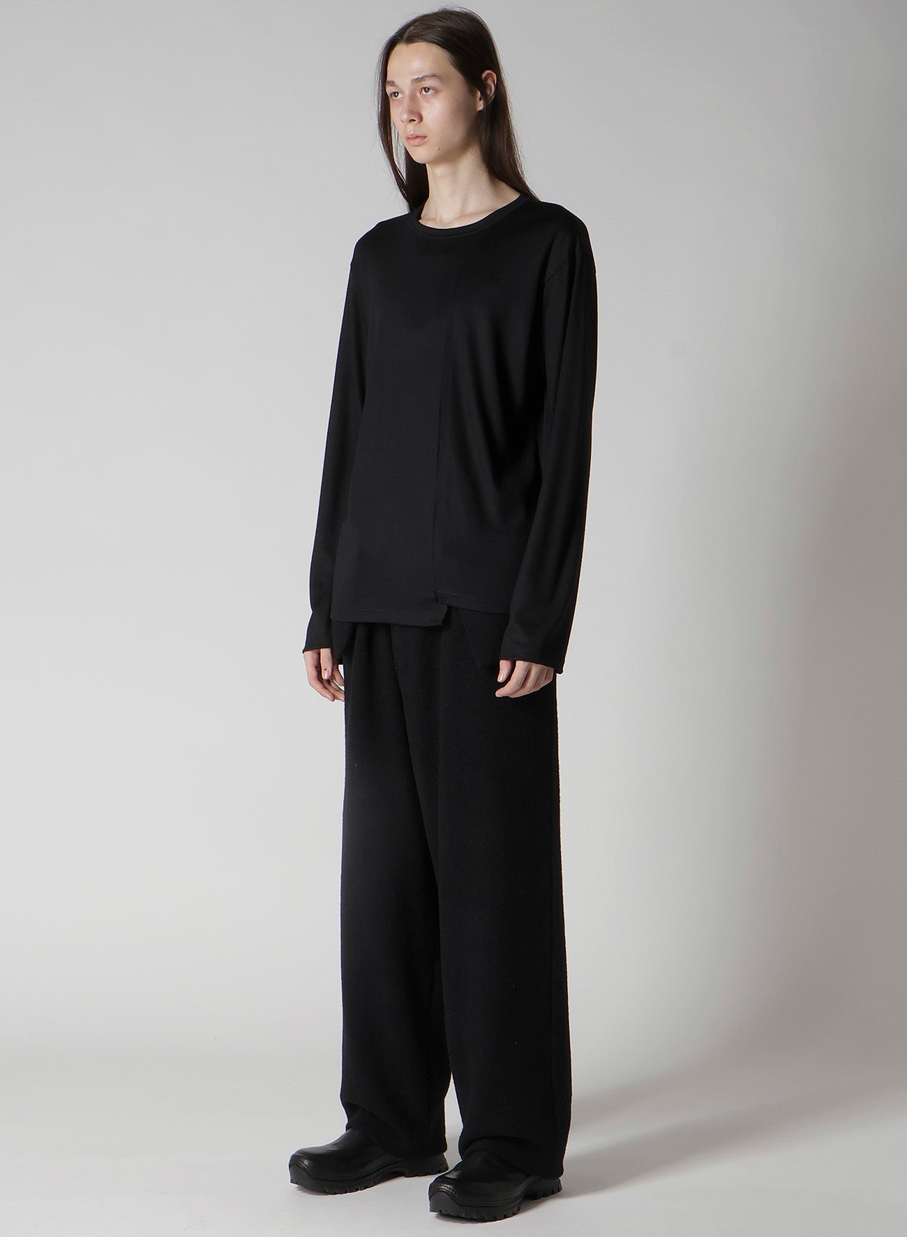 WOOL SINGLE JERSEY PANELED ROUND NECK LONG SLV T