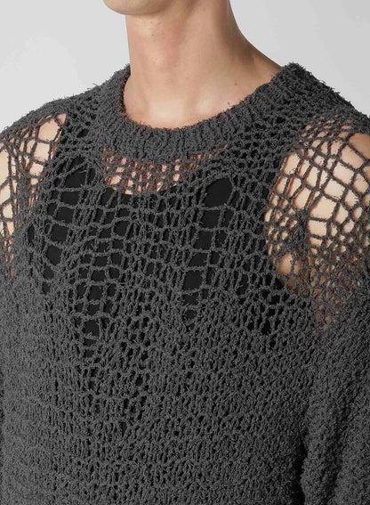 HAND KNITTED DAMAGE PROCESSED GARTER ROUND NECK LONG SLV