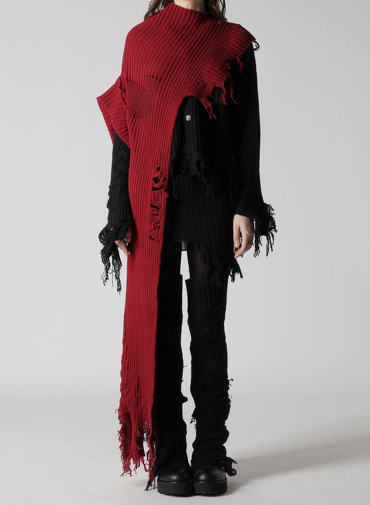 CRUSHED RIB DAMAGED 2WAY WOOL SCARF