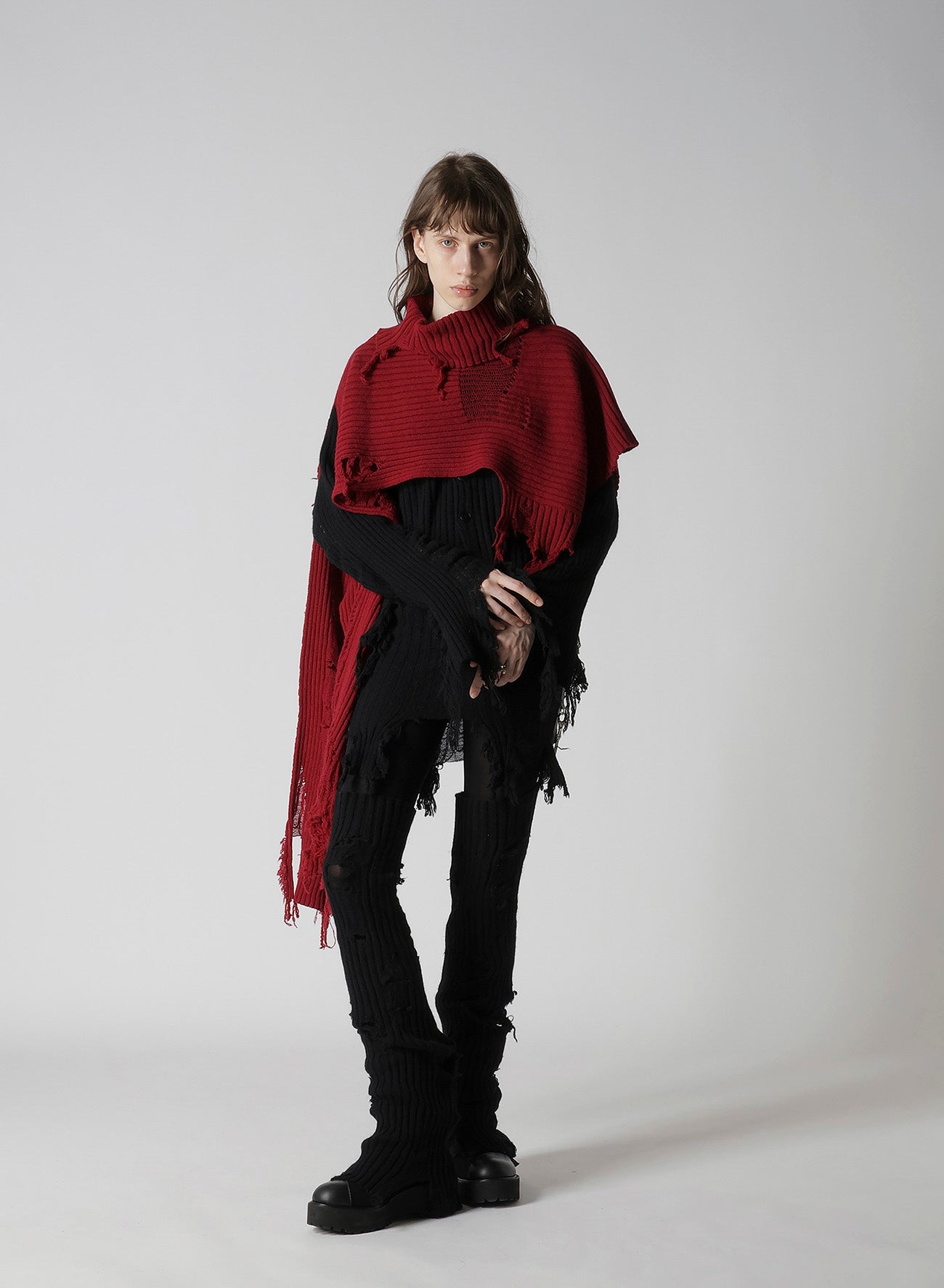 CRUSHED RIB DAMAGED 2WAY WOOL SCARF