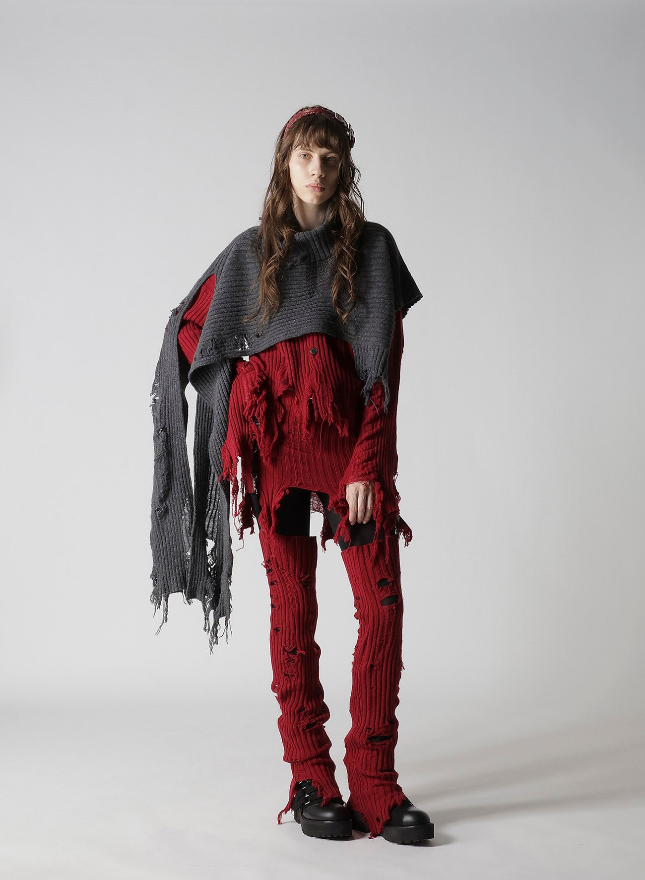 CRUSHED RIB DAMAGED 2WAY WOOL SCARF