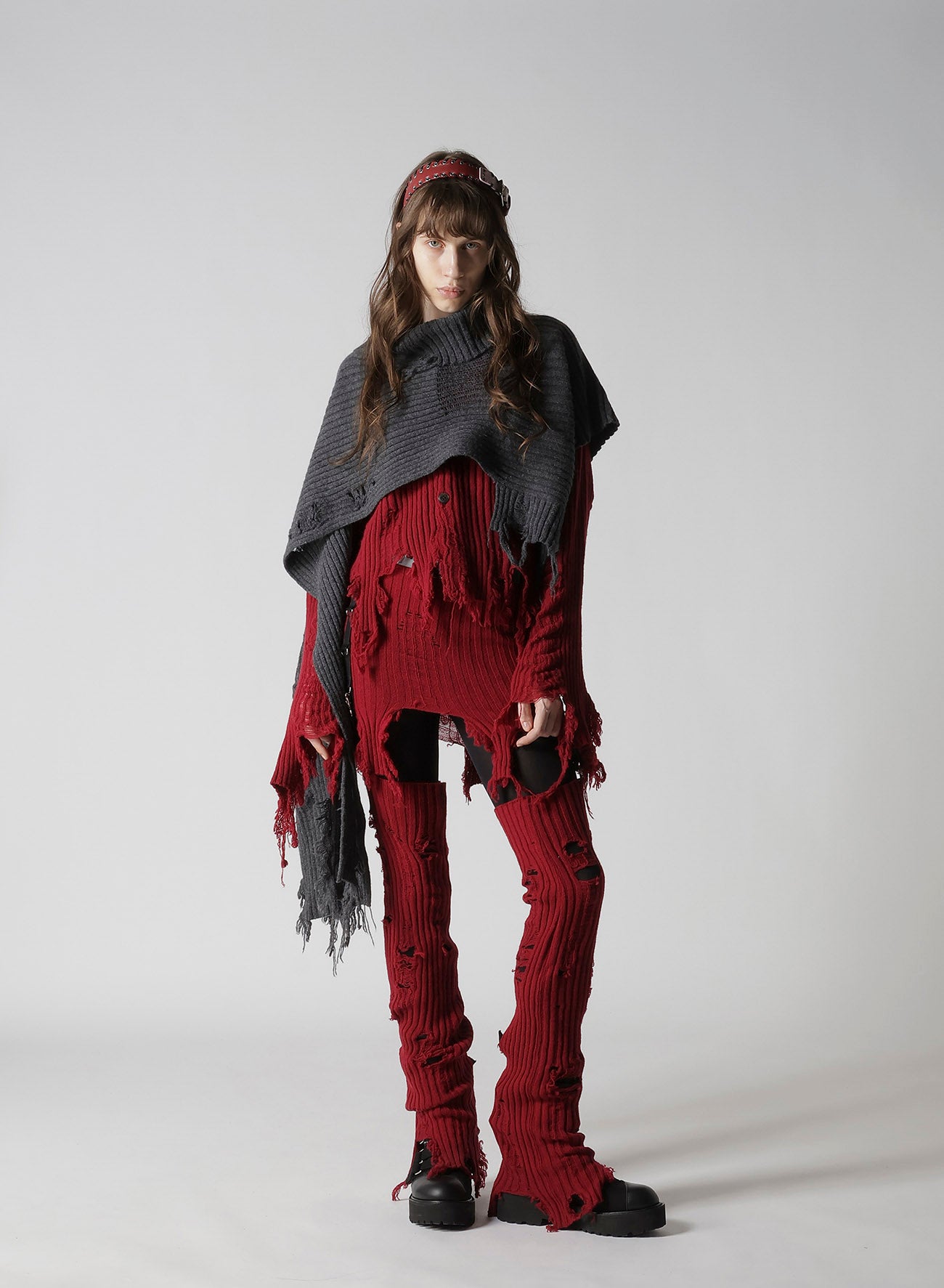 CRUSHED RIB DAMAGED 2WAY WOOL SCARF