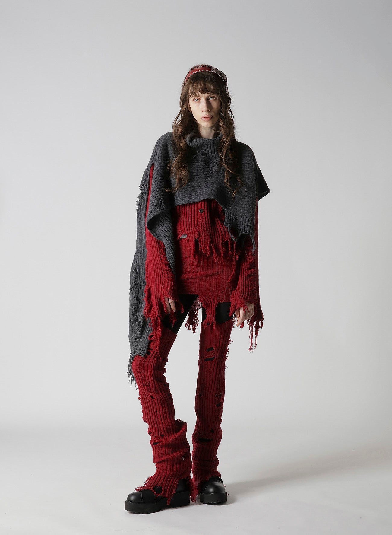 CRUSHED RIB DAMAGED 2WAY WOOL SCARF