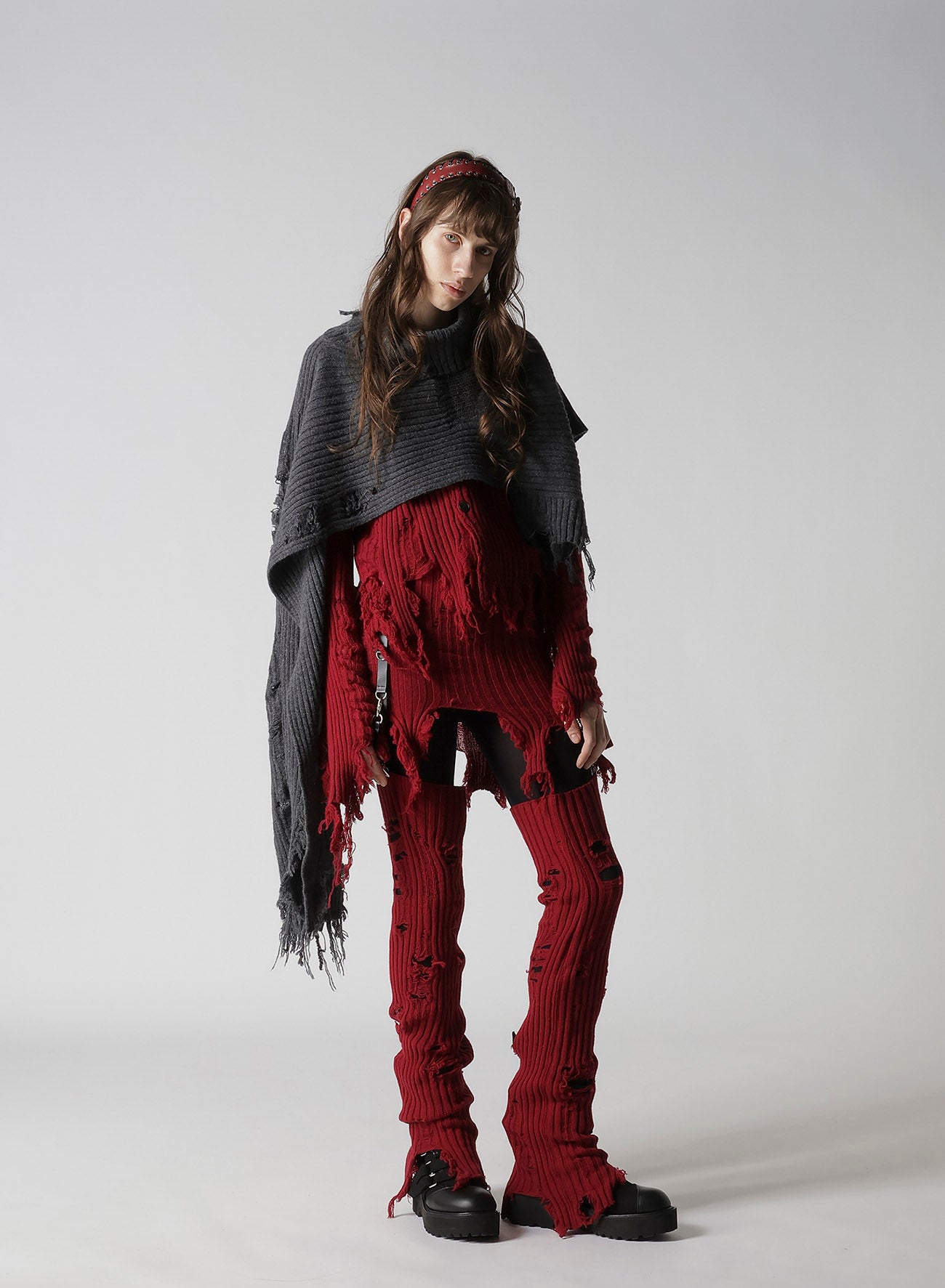 CRUSHED RIB DAMAGED 2WAY WOOL SCARF
