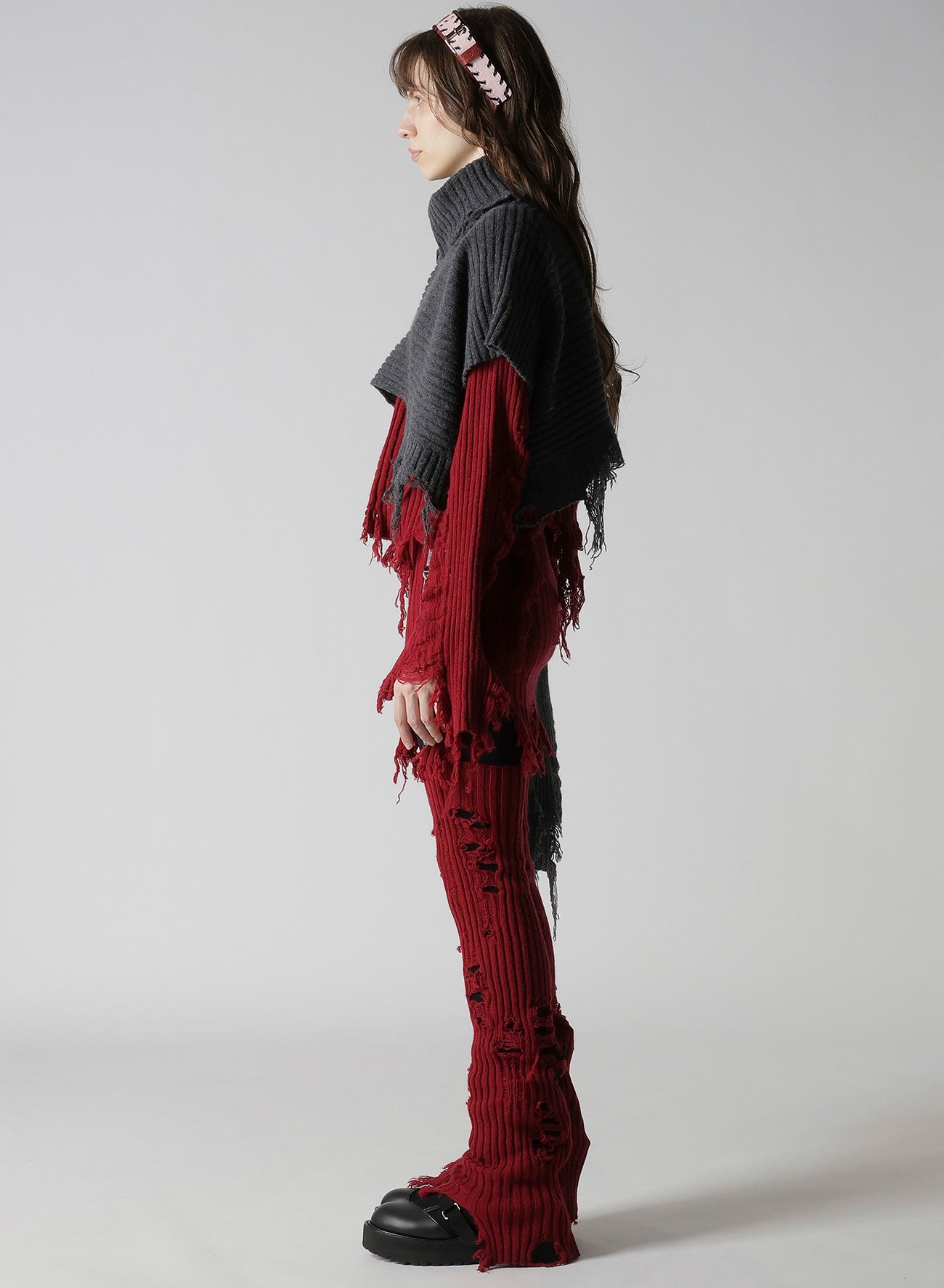 CRUSHED RIB DAMAGED 2WAY WOOL SCARF