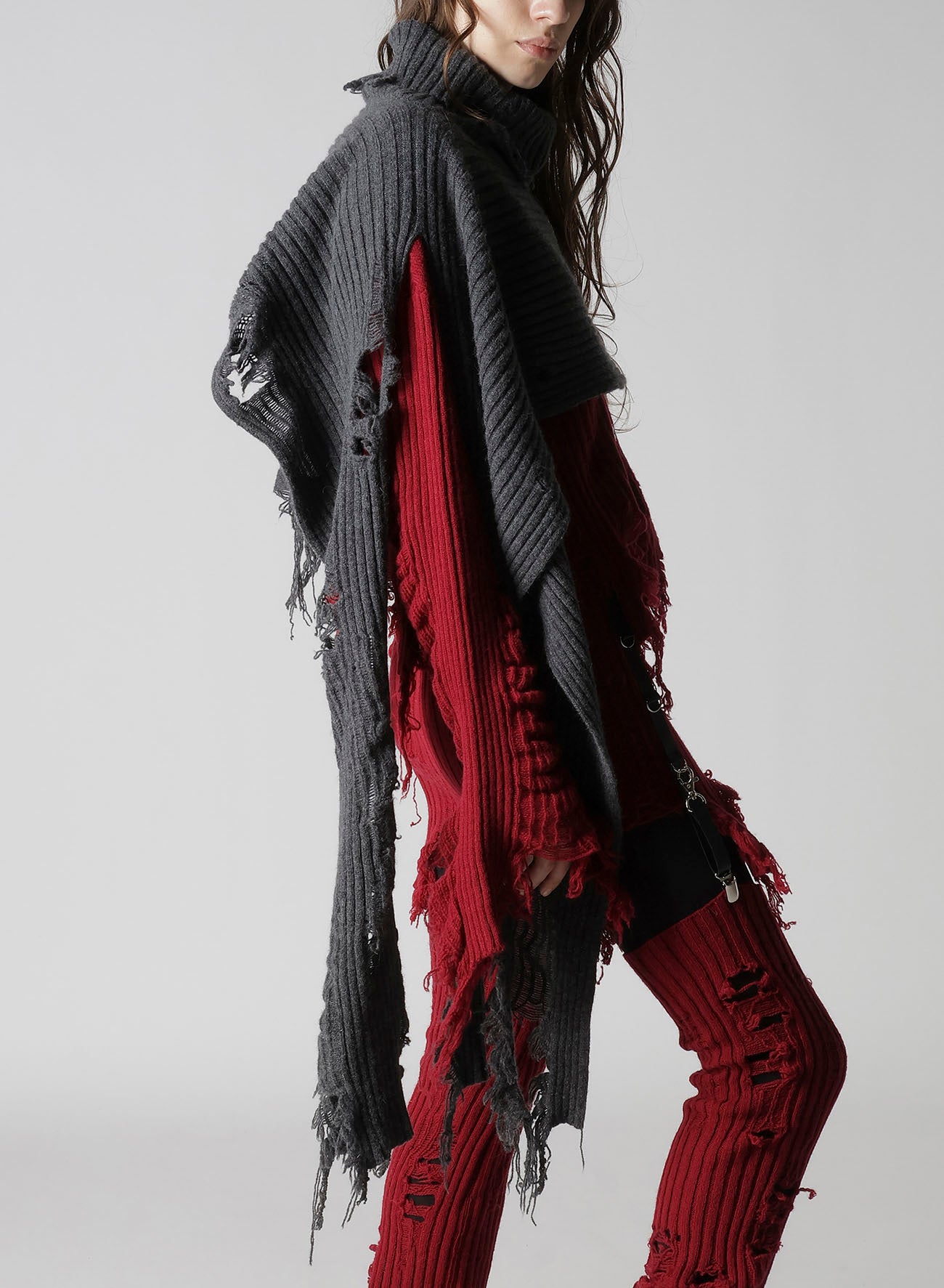 CRUSHED RIB DAMAGED 2WAY WOOL SCARF