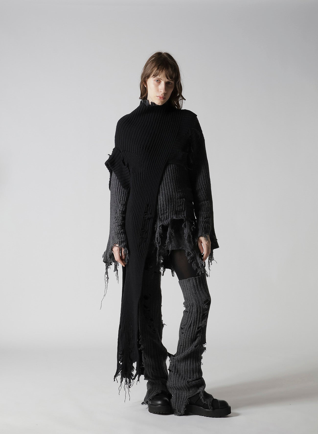 CRUSHED RIB DAMAGED 2WAY WOOL SCARF