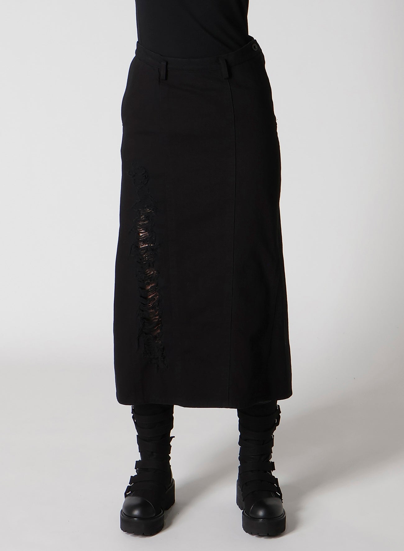 DAMEGED DENIM PANELED SKIRT