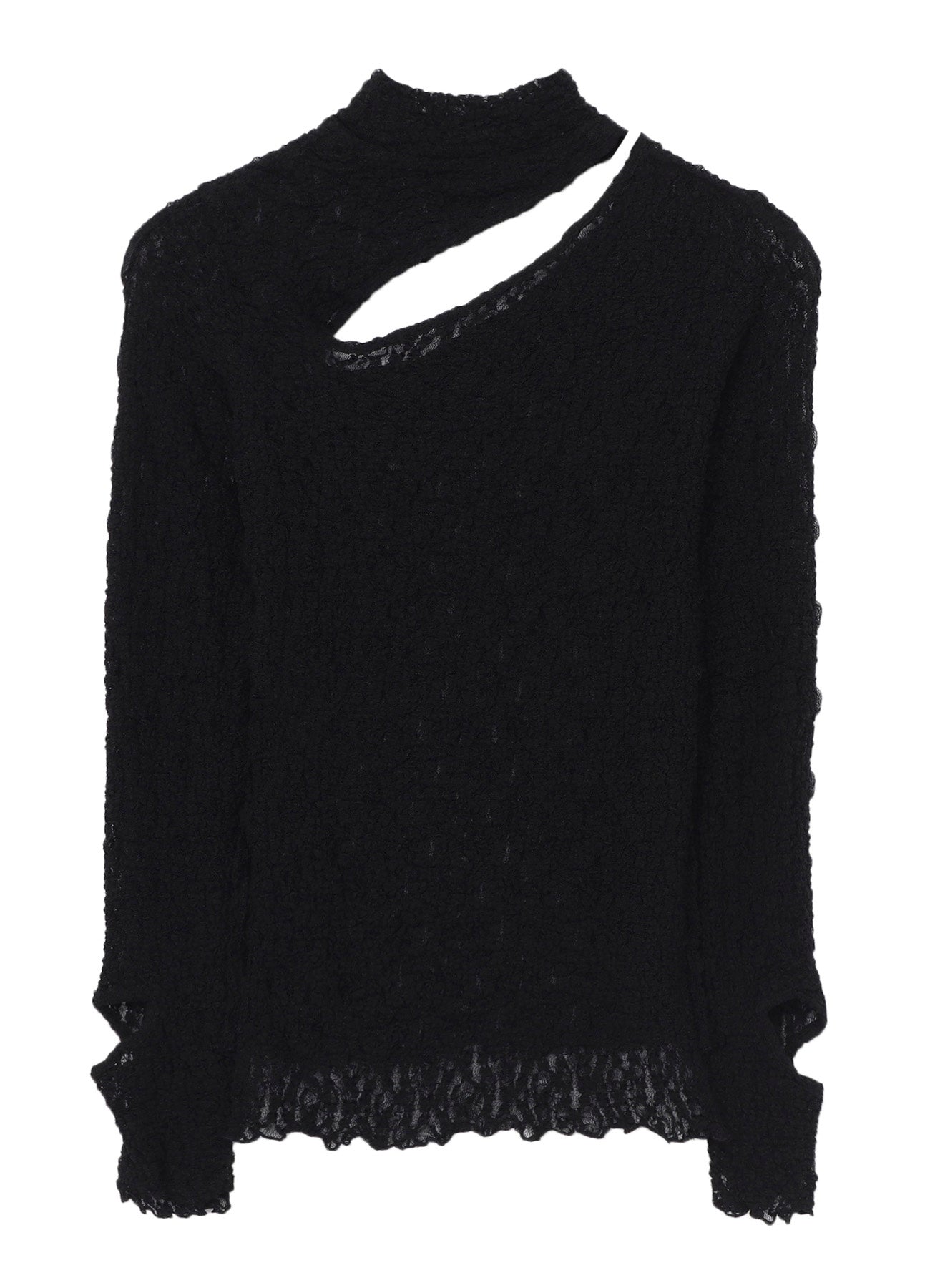 FLOWER SHIRRING SLIT HIGH NECK T-SHIRT