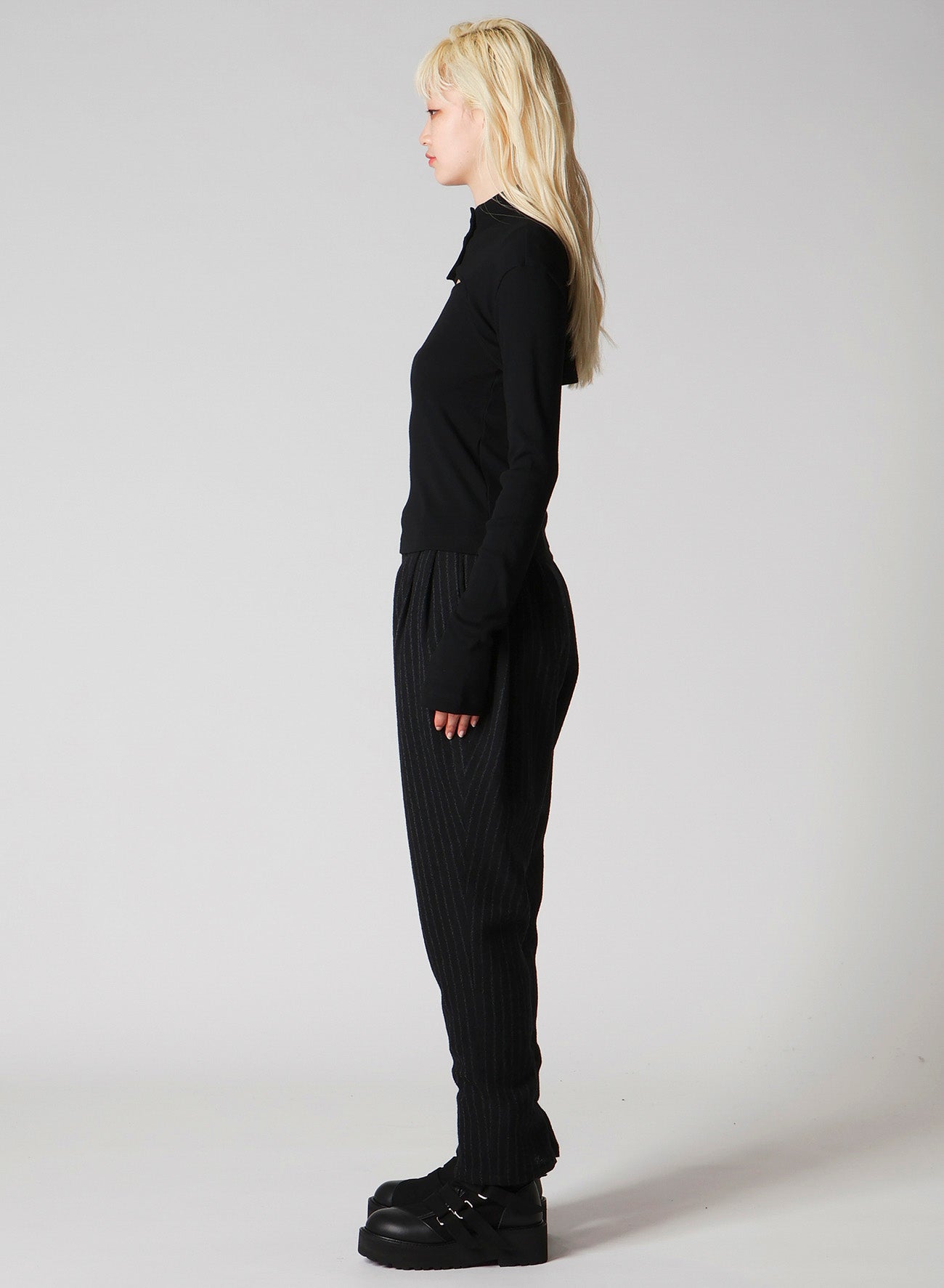 COTTON RAYON RIB CHINA COLLAR T-SHIRT